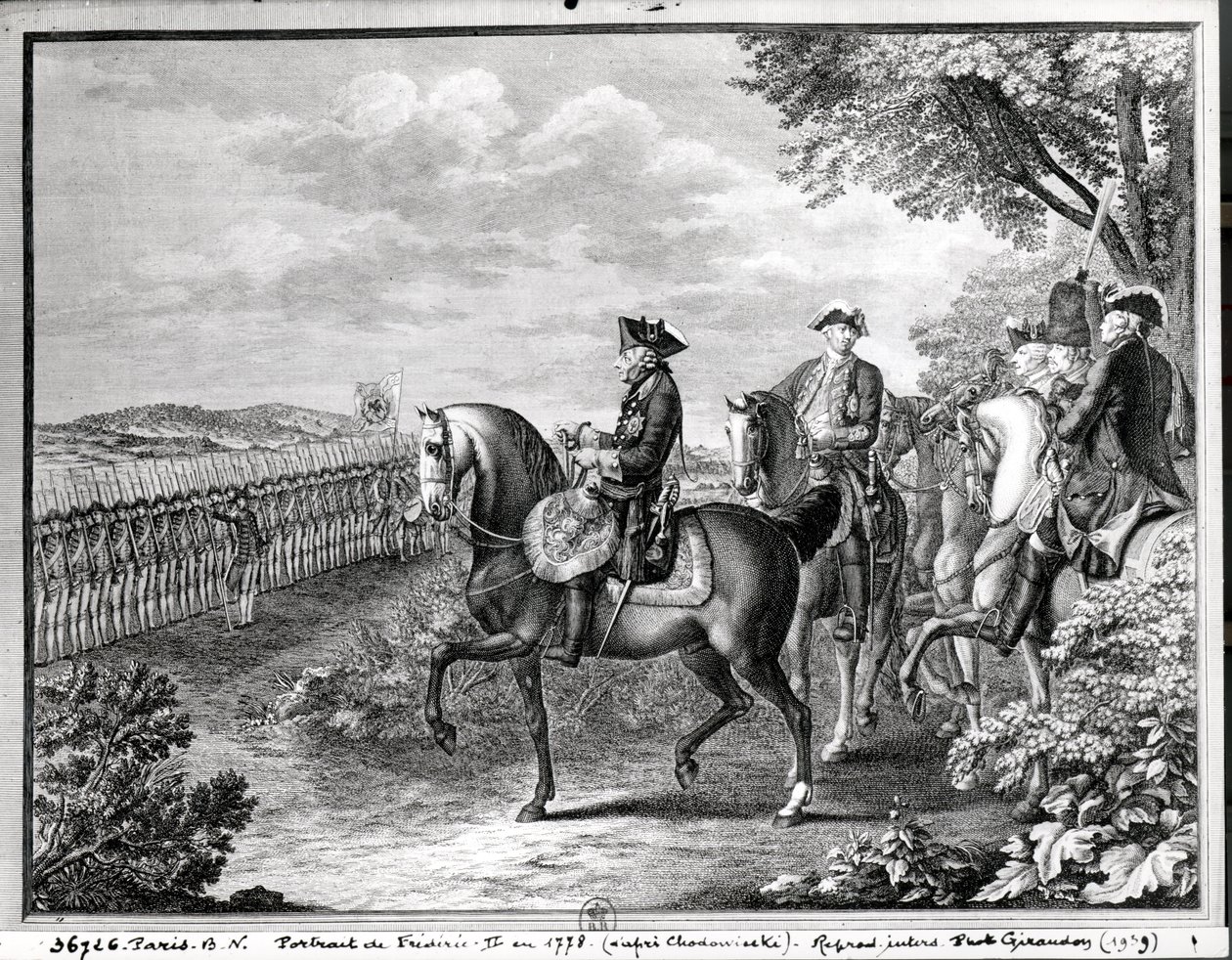 Rei Frederico II da Prússia (1712-86) revendo as tropas em 1778 de Daniel Nikolaus Chodowiecki