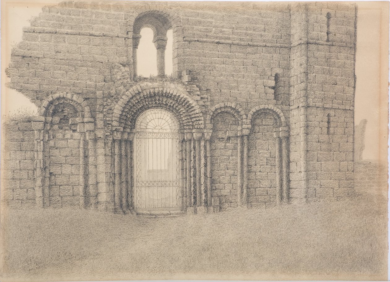 Lindisfarne Priory, Frente Oeste, c.1916 (carvão no cartão) de Daniel Oliver