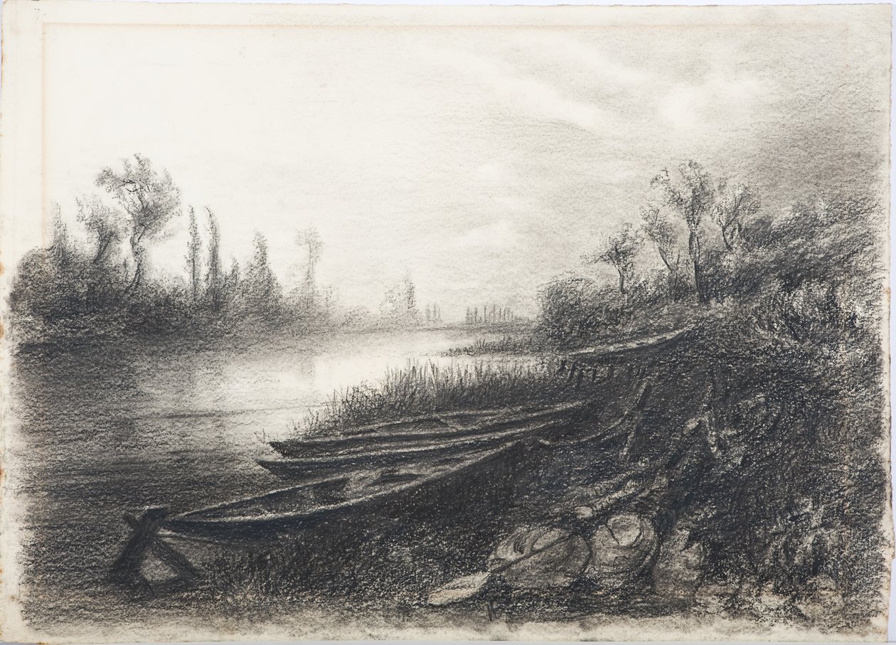 Cena do rio com barcos, c.1916 (carvão no papel) de Daniel Oliver