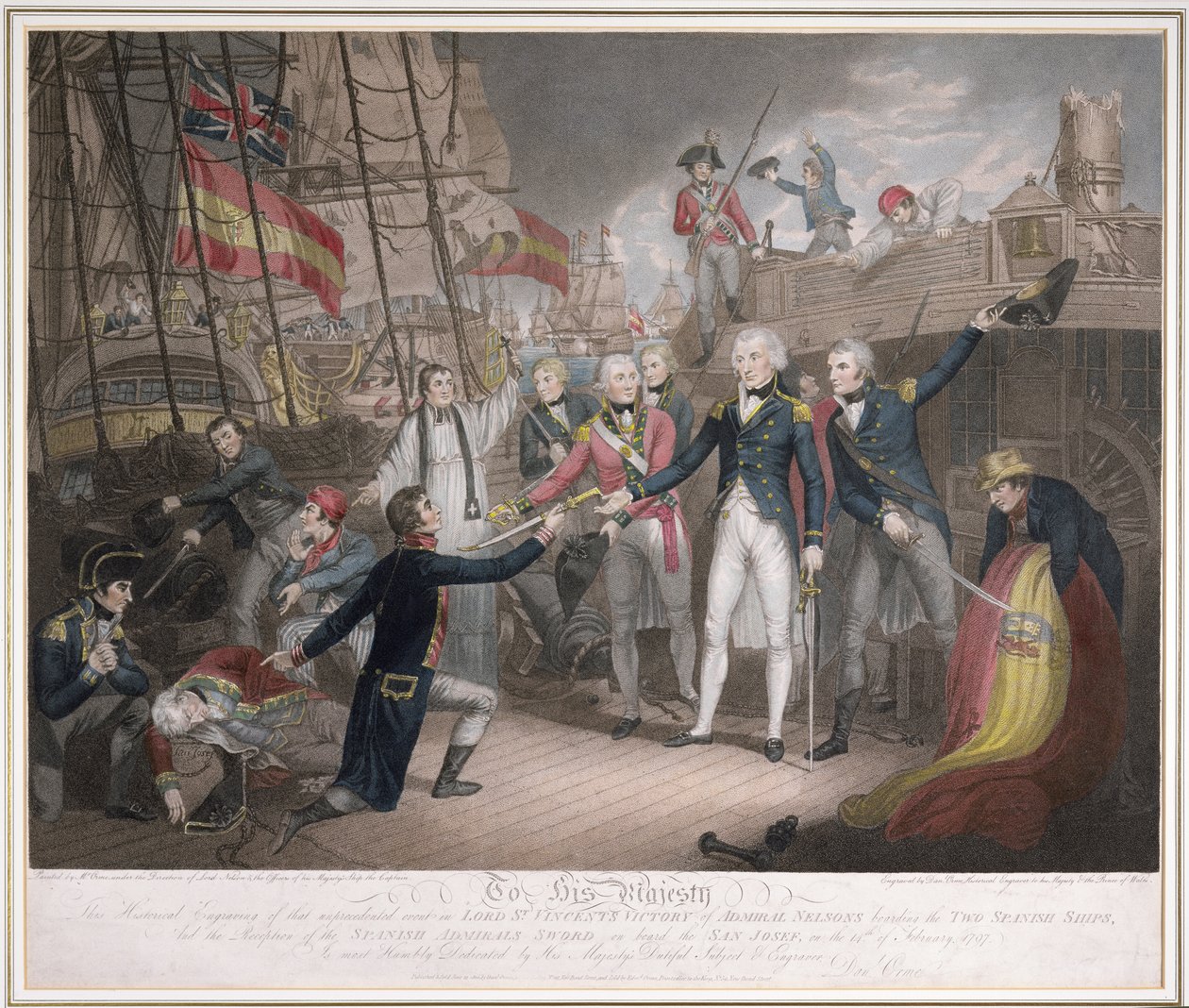 O embarque do almirante Nelson aos dois navios espanhóis, em 14 de fevereiro de 1797, publicado em 21 de junho de 1800 (aquatinta e gravura) de Daniel Orme