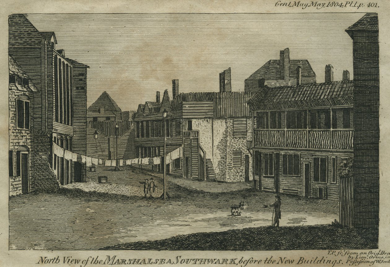 Vista norte do Marshalsea, Southwark, antes dos novos edifícios, gravada por TP, c.1804 de Daniel Orme