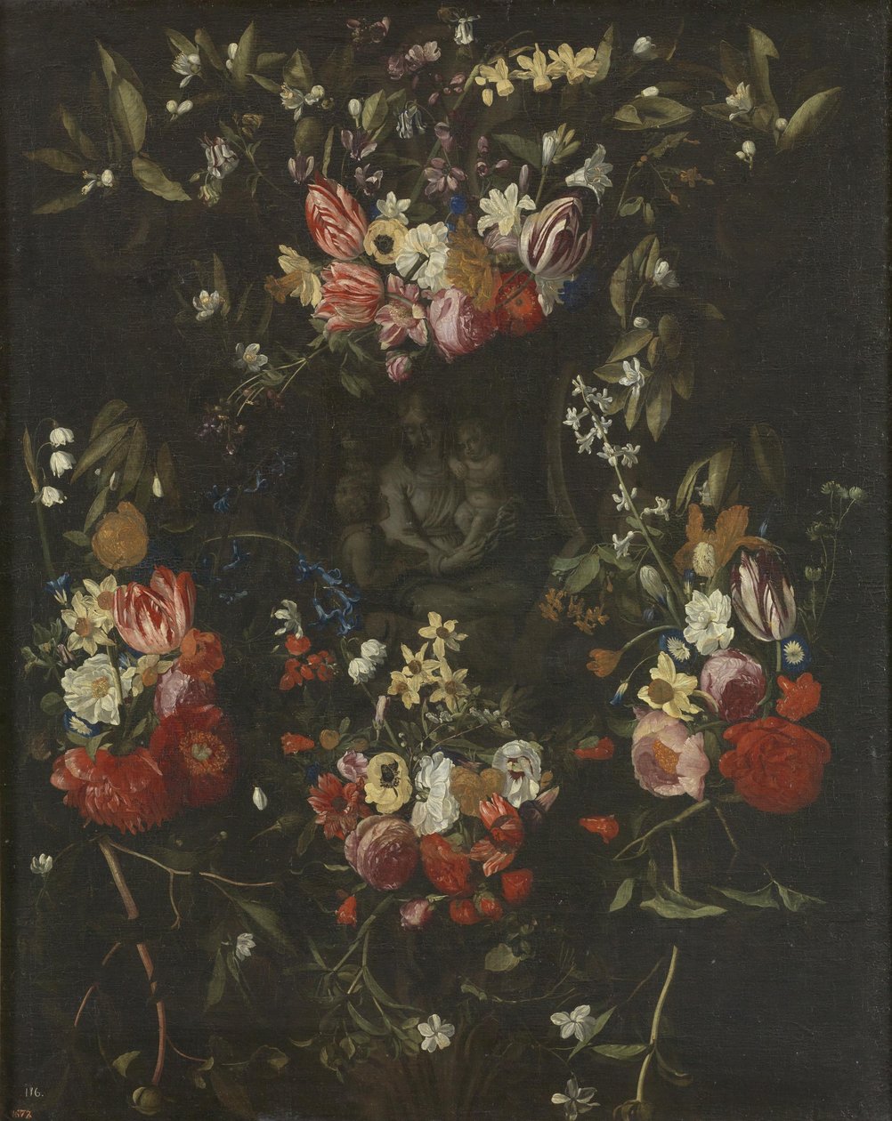 Guirlanda de flores ao redor da Madonna, criança e São João Batista de Daniel Seghers