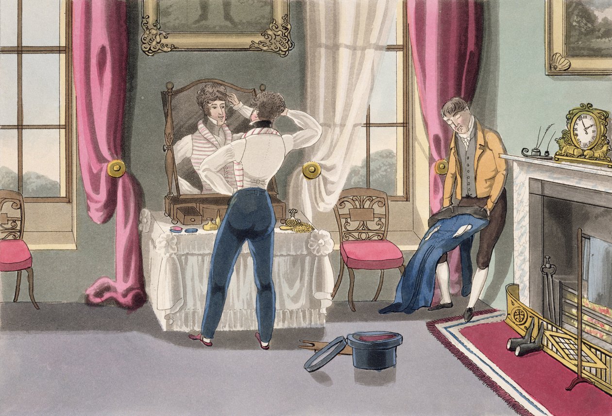 Negligência, placa 1 de &39;As qualificações necessárias de um homem da moda&39;, publicado em 1823 (aquatinta colorido à mão) de Daniel Thomas Egerton