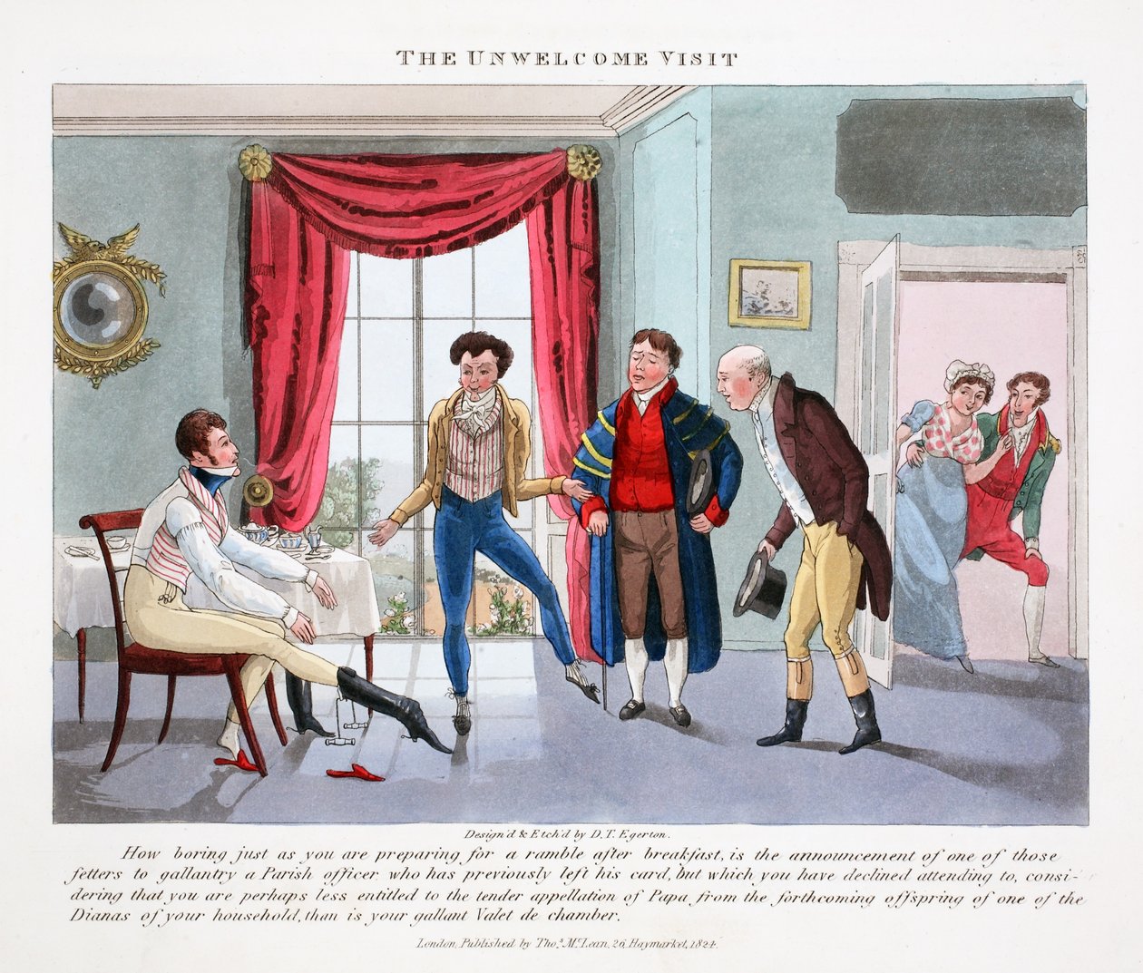 A visita indesejada, ilustração de &39;Fashionable Bores or Coolers in High Life&39; por Peter Quiz, pub. Thomas McLean, Londres 1824 (gravura colorida à mão) de Daniel Thomas Egerton