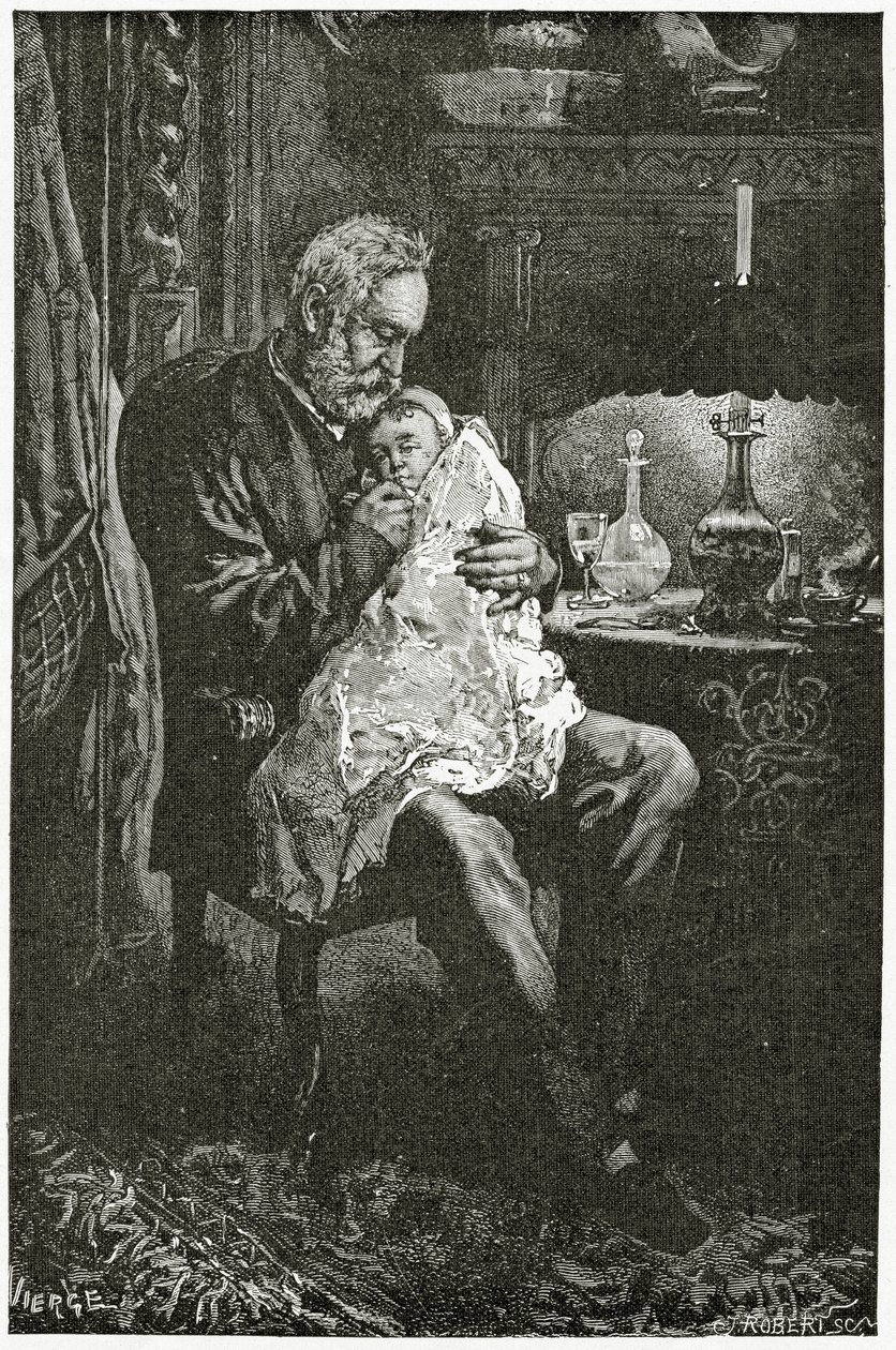 A criança doente, do século XIX (gravura bw) de Daniel Urrabieta Vierge