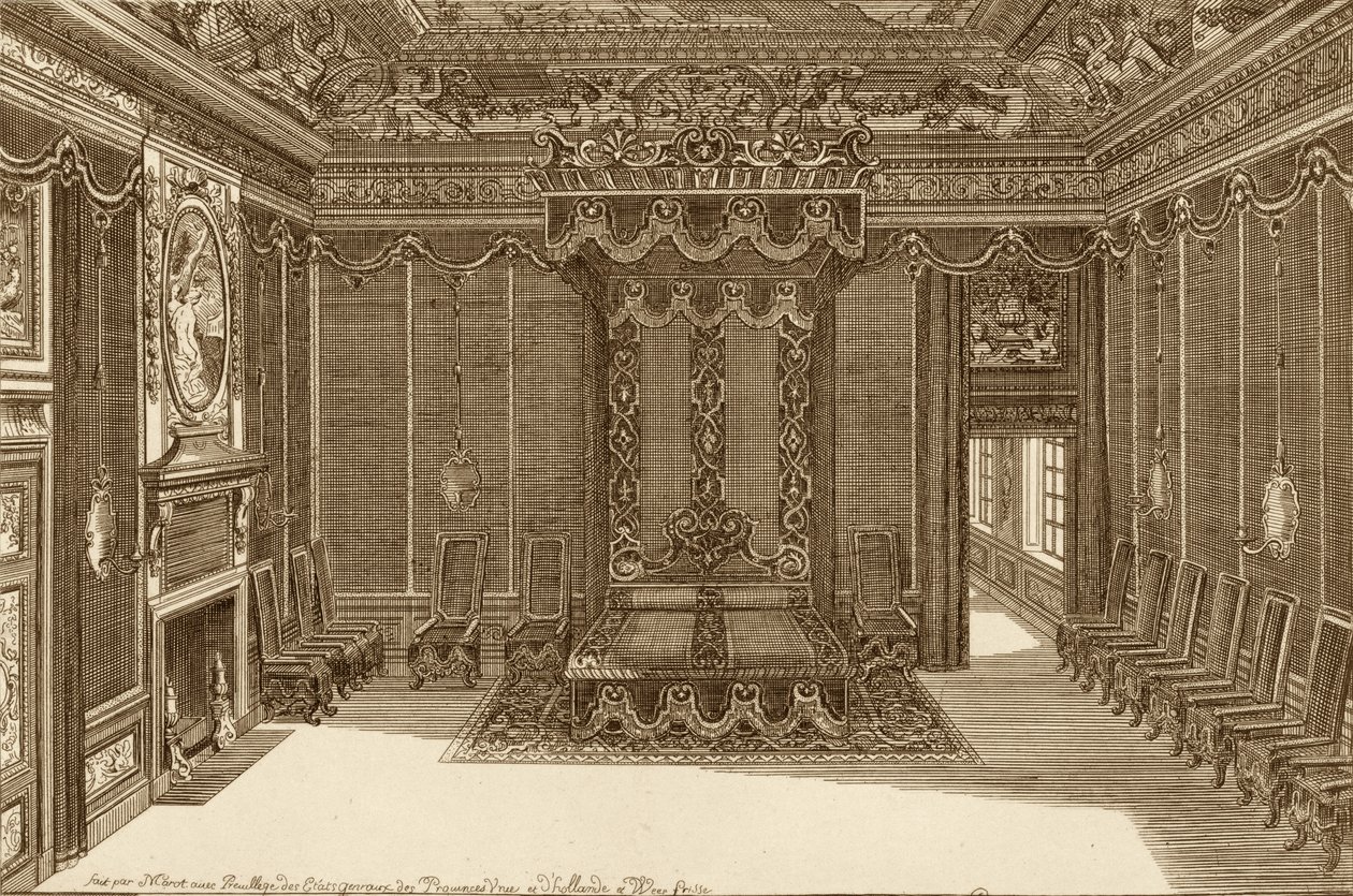Projeto para um quarto com cama do estado, do novo livro de apartamentos, 1703 de Daniel the Elder Marot