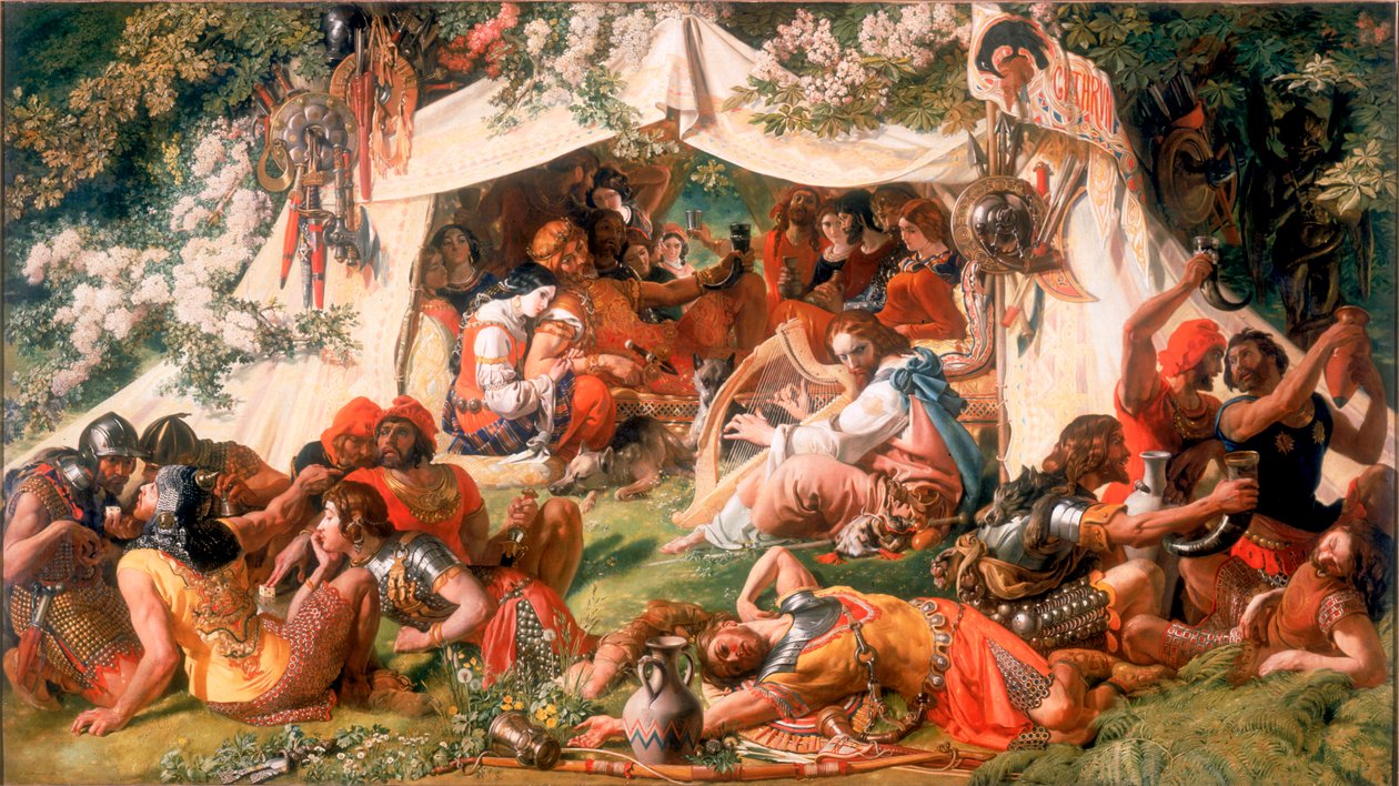 Alfred, o rei saxão, disfarçado de menestrel, na tenda de Guthrum, o dinamarquês, c.1852 (óleo sobre tela) de Daniel Maclise