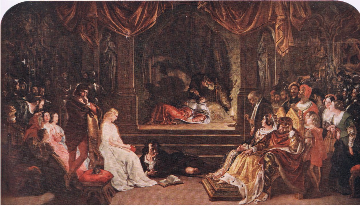 Hamlet e os jogadores (Hamlet) "Ele envenena-o no jardim do estado", do pub The Complete Works of William Shakespeare. por J Coker & Co Ltd (lito colorido) de Daniel Maclise