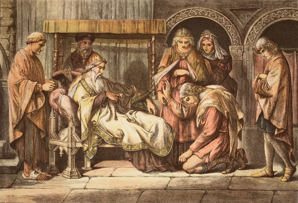 Harold, de regresso da Normandia, apresenta-se a Edward o Confessor, gravado por JD Cooper (gravura a cores) de Daniel Maclise