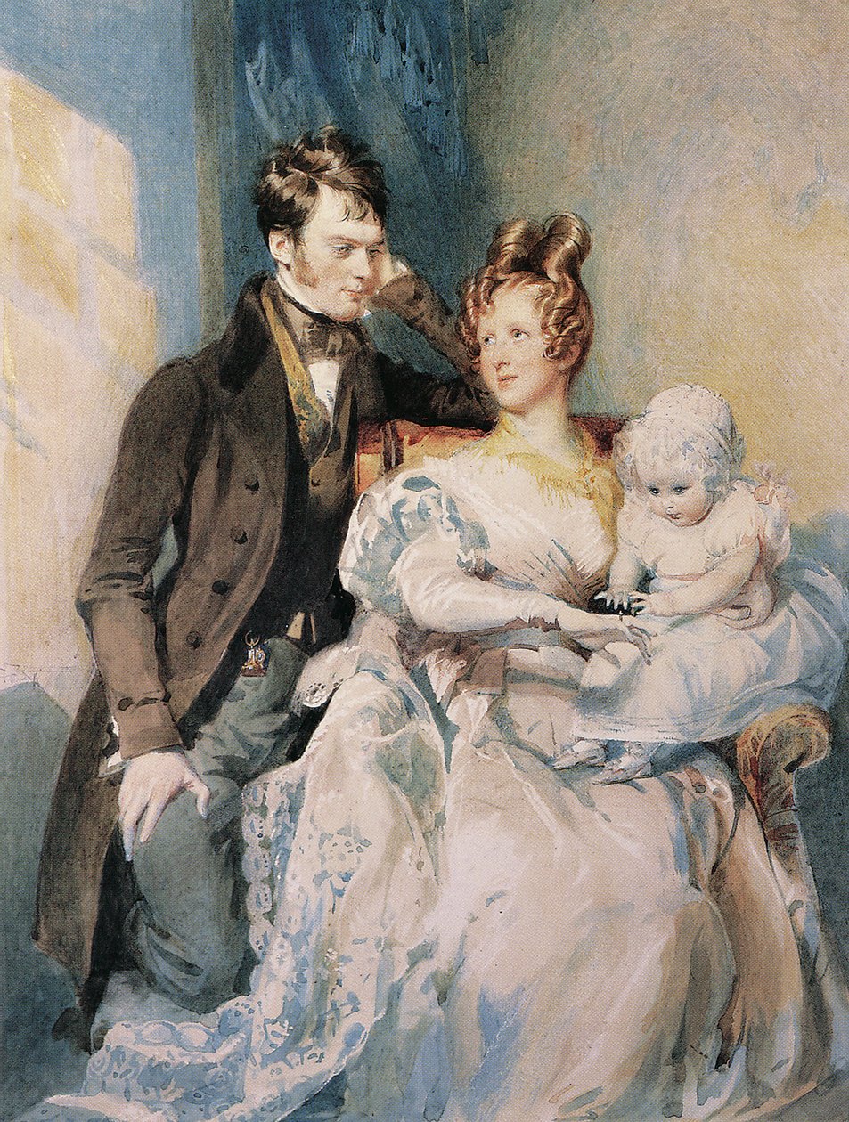 Retrato do Sr. e da Sra. MacGregor com o seu filho (lápis e aguarela com altura branca sobre papel) de Daniel Maclise