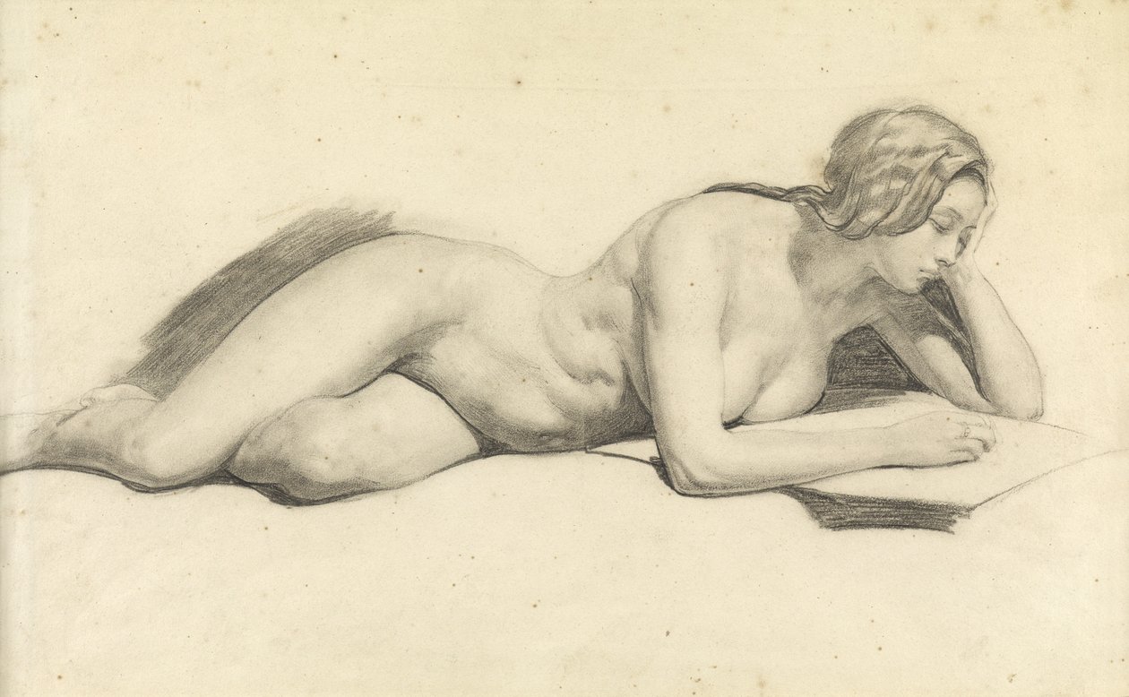 Estudo de uma leitura nua feminina (lápis sobre papel) de Daniel Maclise