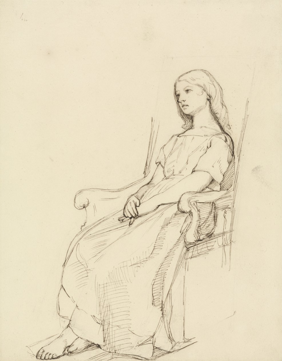 Estudo de uma jovem, sentada (caneta e tinta e grafite sobre papel) de Daniel Maclise
