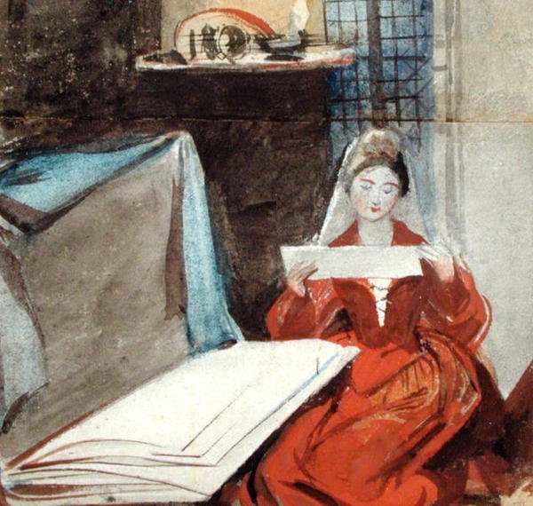 Uma Senhora de Traje Medieval estudando o Conteúdo de uma Carteira (aguarela sobre papel) de Daniel Maclise