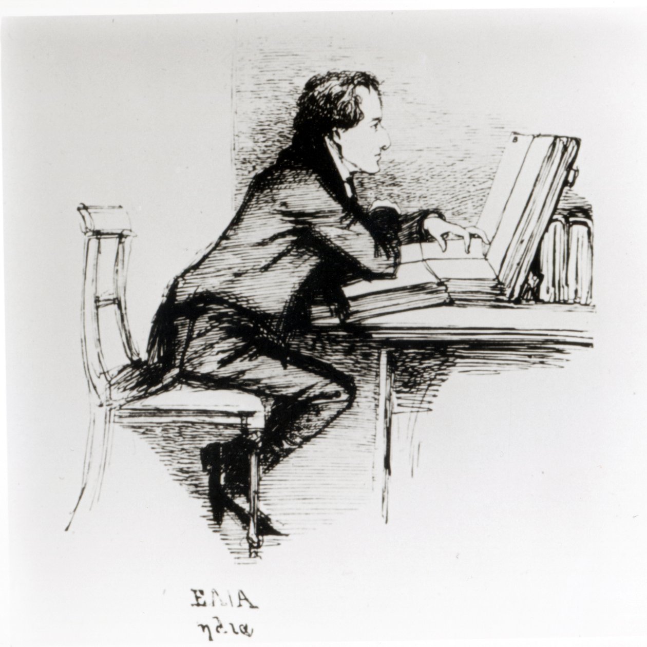 Retrato de Charles Lamb (1775-1834) (caneta e tinta sobre papel) (foto a p/b) de Daniel Maclise