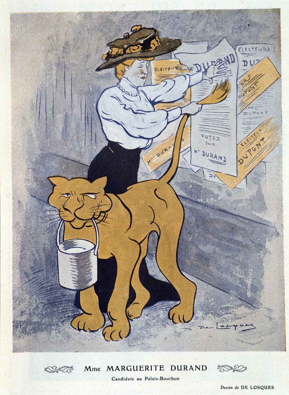 Marguerite Durand colando seus cartazes eleitorais - por Daniel De Losques (Henri Casimir Paul Thouroude dit) (1880-1915), em "Fantasio" de 01/04/1910 de Daniel de Losques