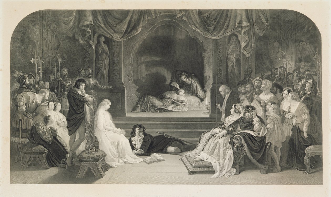 A Cena de Teatro, Acto III, Cena II de Hamlet de William Shakespeare, gravada por Charles W. Sharpe (litho) de Daniel (after) Maclise