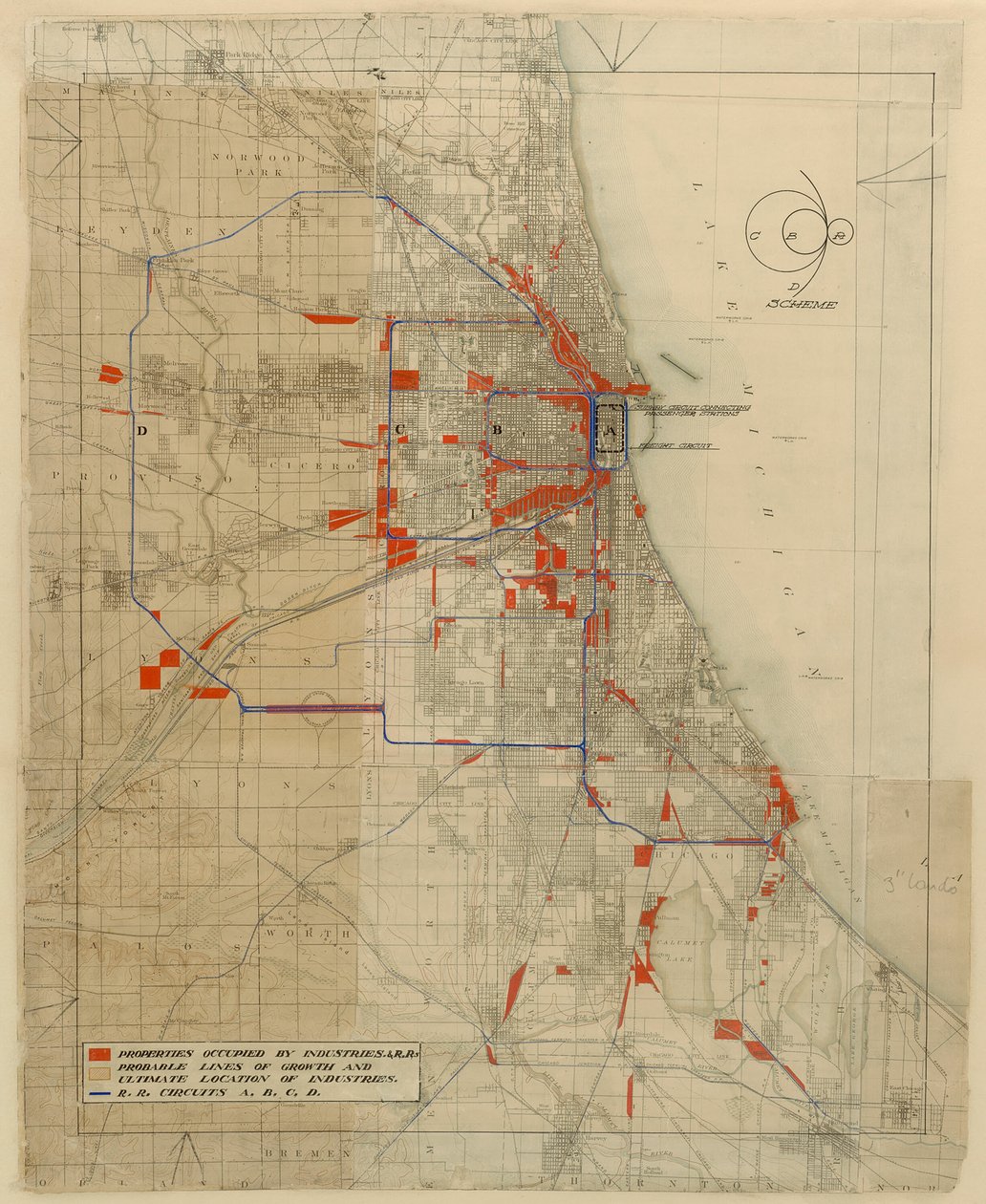 Plano de Chicago, Chicago, Illinois, Diagrama de Circuitos Ferroviários, 1909. de Daniel Burnham
