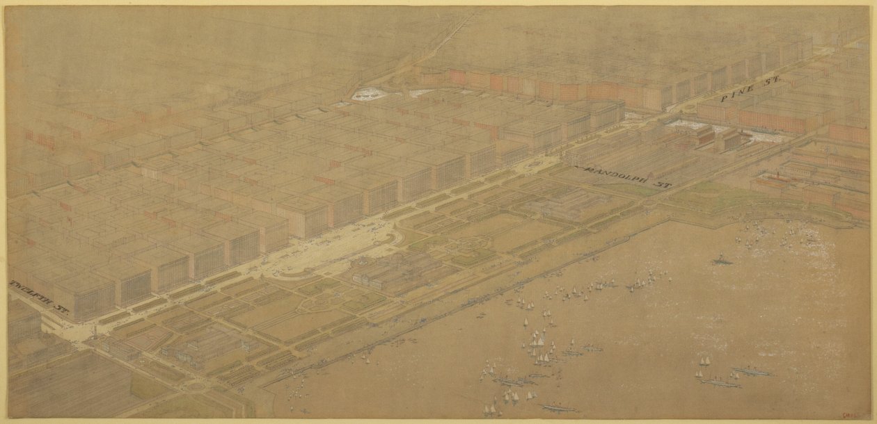 Placa 114 do Plano de Chicago, 1909: Chicago. Proposta de Boulevard e Parkway em Michigan... de Daniel Burnham