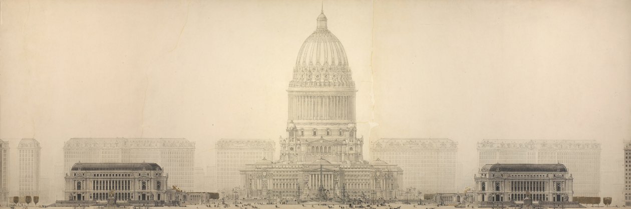 Placa 131 do Plano de Chicago, 1909: Chicago. Elevação mostrando o grupo de edifícios... de Daniel Burnham