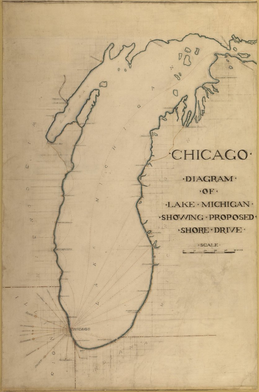 Placa 35 do Plano de Chicago 1909: Chicago e Diagrama do Lago Michigan. Estrada proposta... de Daniel Burnham