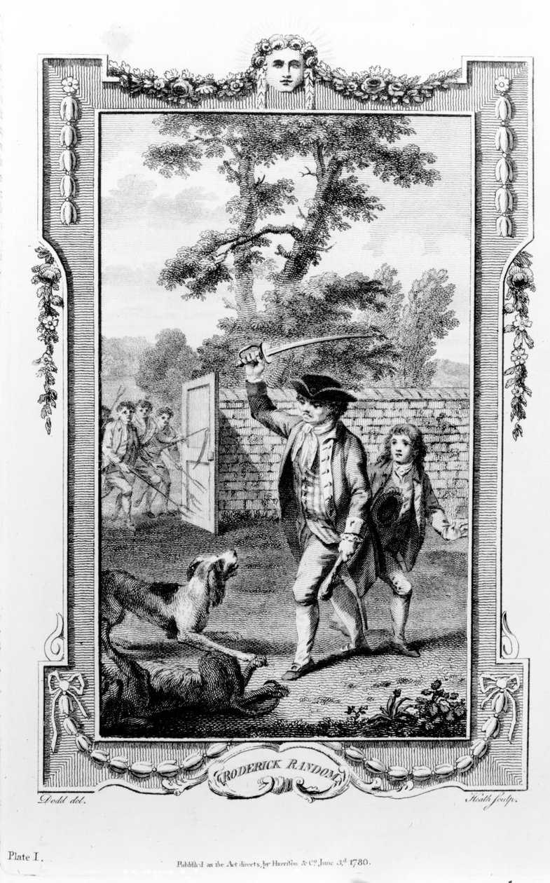 O tio de Roderick Random é atacado por cachorros, ilustração de &39;Roderick Random&39; de Tobias Smollett, gravada por James Heath, 1780 de Daniel Dodd