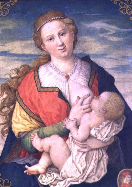 Virgem e Menino, 1600 depois de um desenho de Albrecht Durer (1471-1528) (ver 70446) (wc em pergaminho colocado no painel) de Daniel Froschl