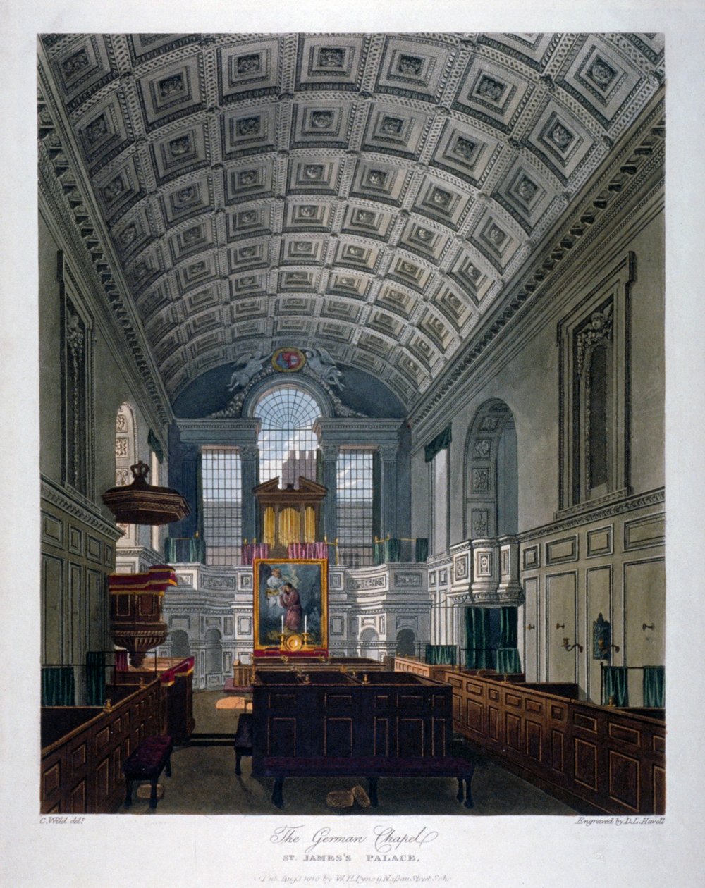Vista interior da Capela Real no Palácio de St James, Westminster, Londres, 1816 de Daniel Havell