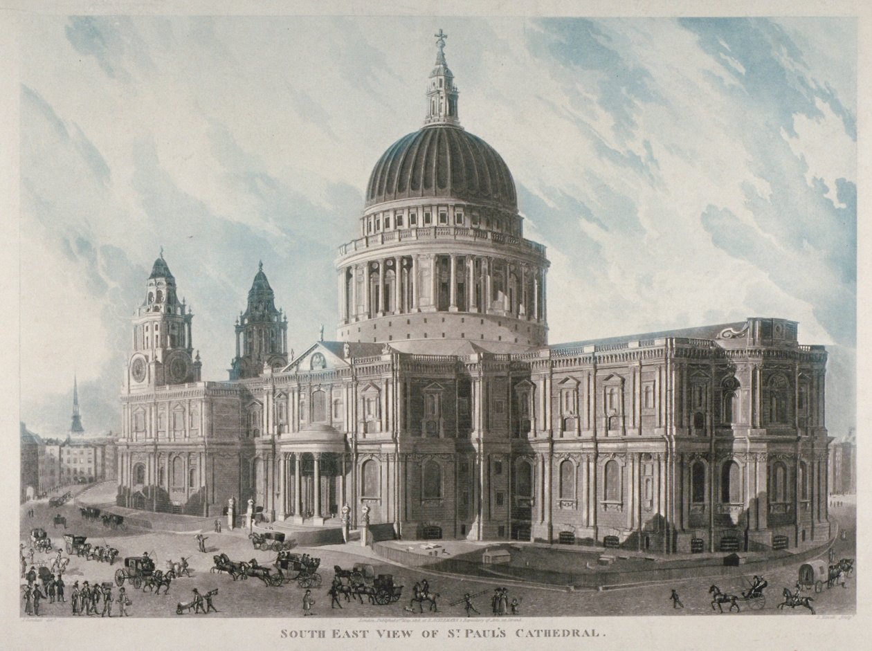 Vista sudeste da Catedral de São Paulo com figuras e carruagens do lado de fora, Cidade de Londres, 1818 de Daniel Havell
