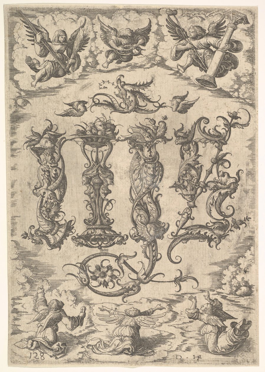 Monograma IHS cercado por seis anjos, ca. 1485-1536. de Daniel Hopfer