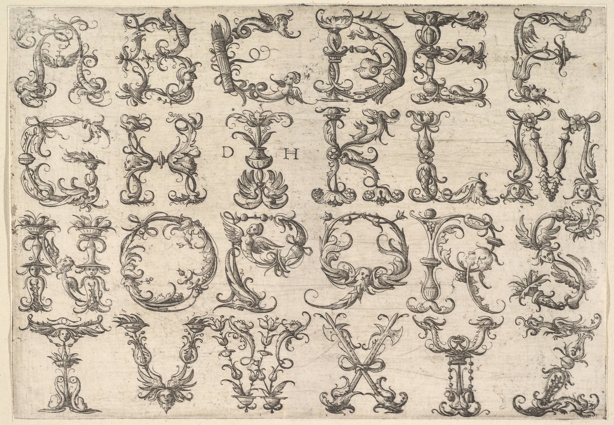 Alfabeto romano majestoso ornamentado, ca. 1520 de Daniel Hopfer