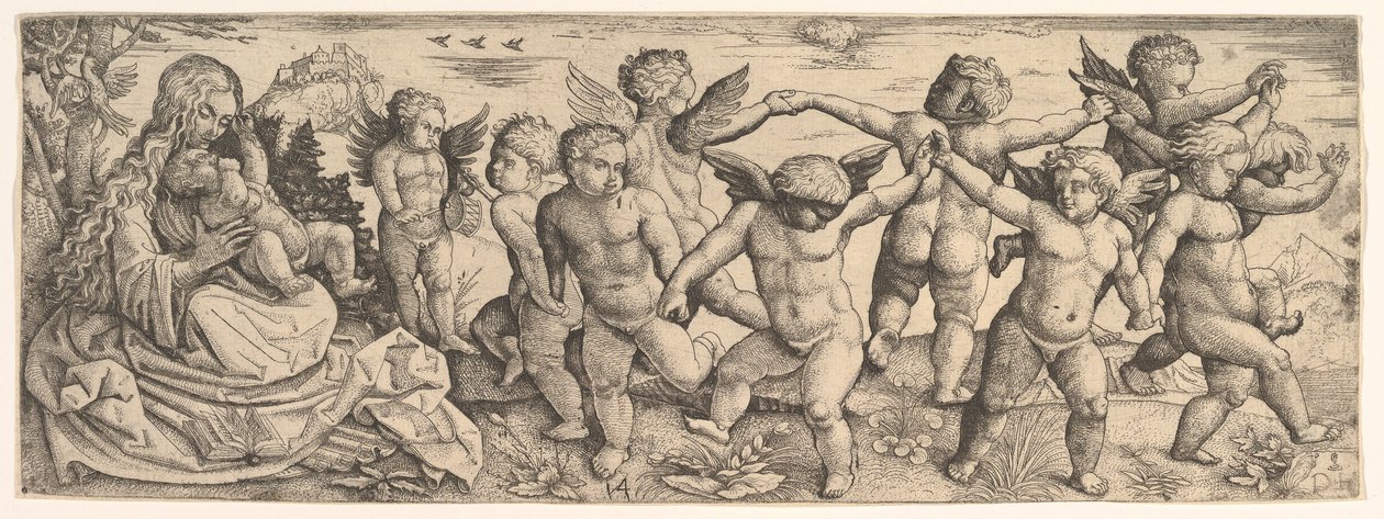 Virgem e criança com anjos dançando em uma paisagem, década de 1530. de Daniel Hopfer