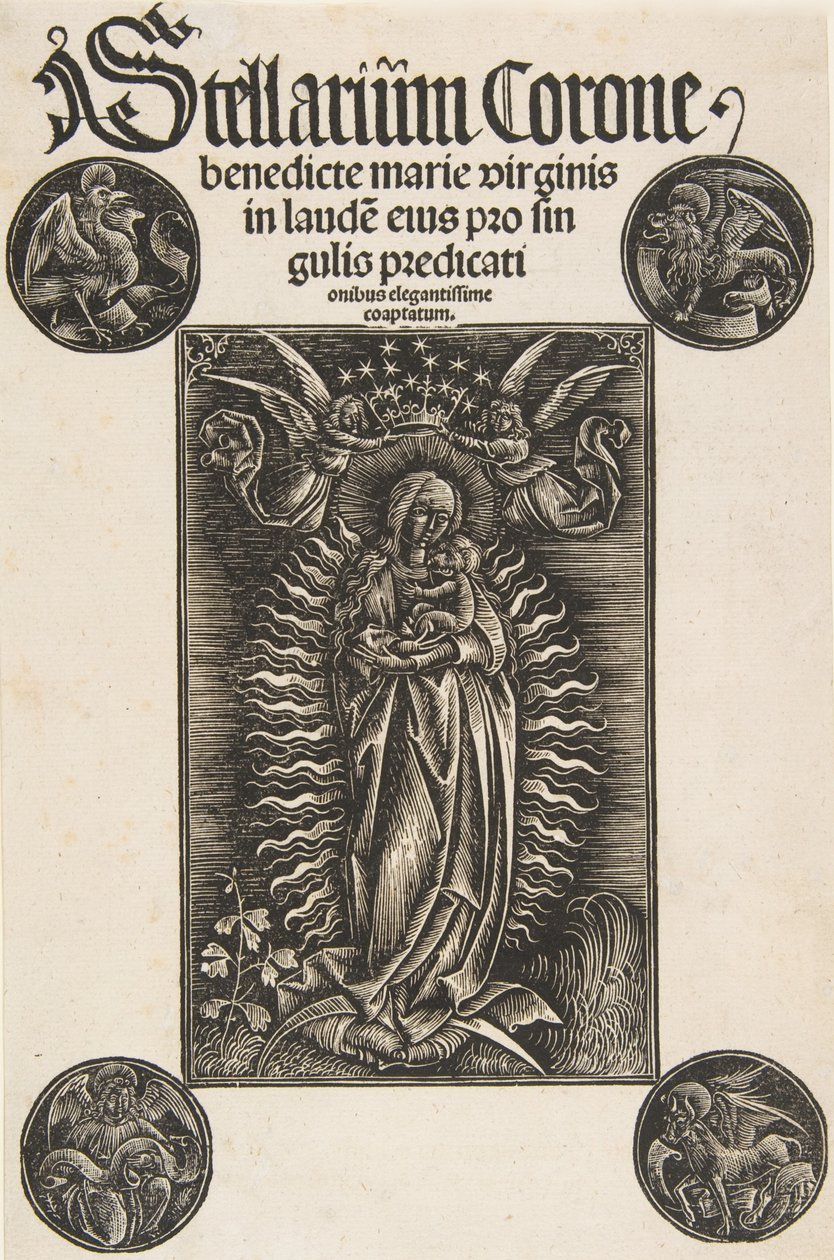Virgem em Crescente, página de rosto de Pelbartus de Temesvar: Stellarium corone Schr. 2869..., 1502. de Daniel Hopfer.