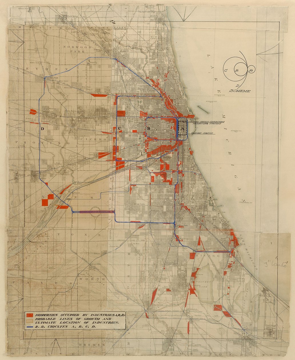 Diagrama do Plano de Chicago, Chicago, Illinois, Circuitos Ferroviários de Daniel Hudson Burnham