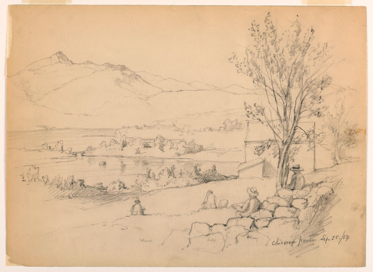 Desenho, Artistas a fazer esboços em Chocorua Pond, New Hampshire, 28 de setembro de 1854 de Daniel Huntington