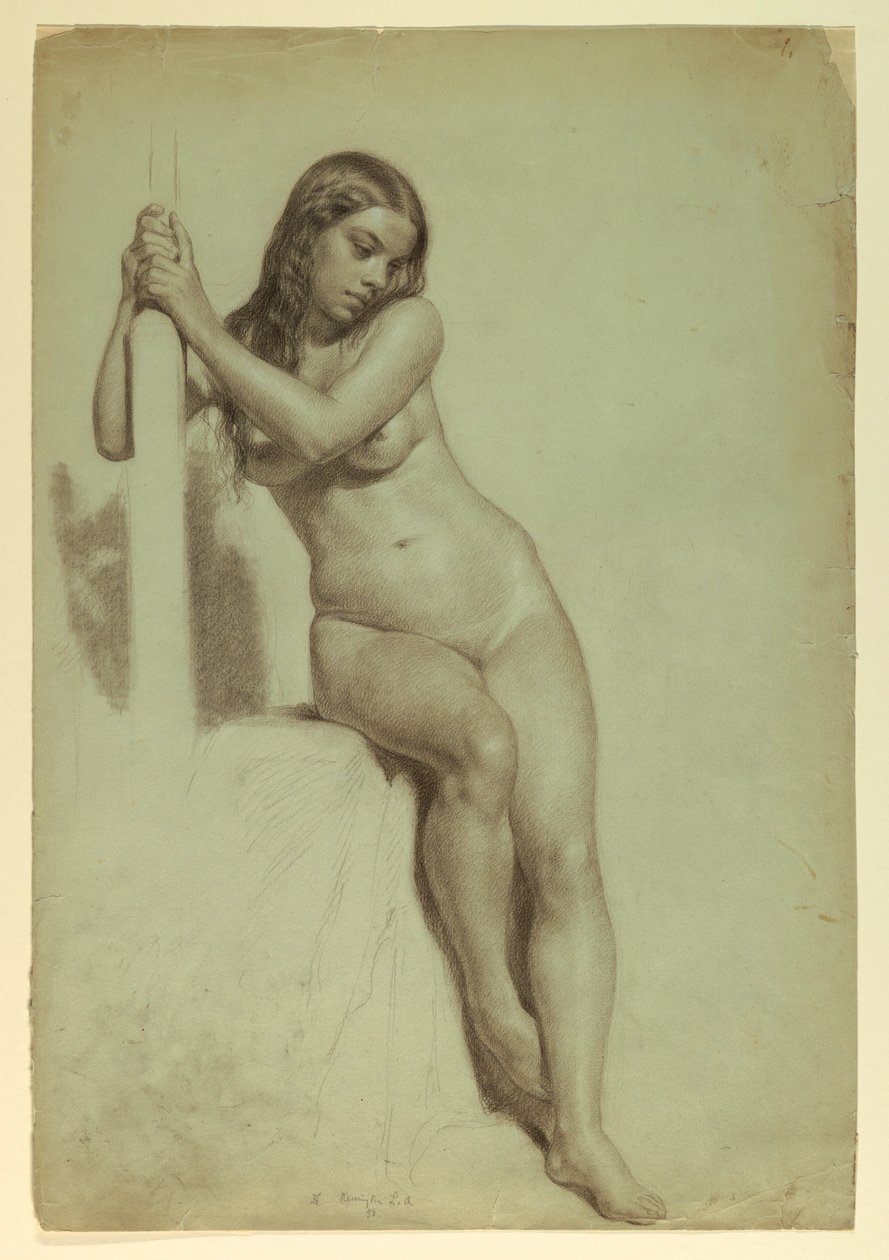 Desenho, Nu feminino empoleirado num banco, 1858 de Daniel Huntington