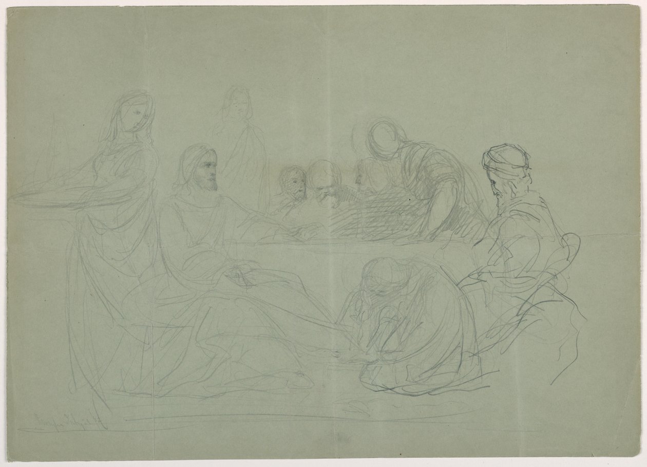 Desenho, Maria lavando os pés de Cristo, vários homens sentados a uma mesa; verso: notas, 1852 de Daniel Huntington