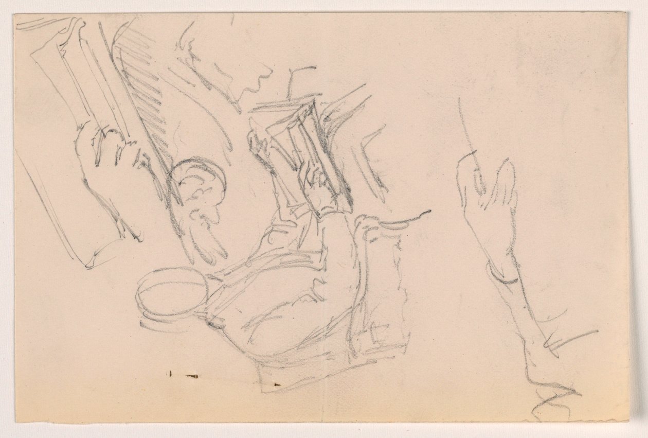 Desenho, Robert L. Stuart, sentado, primeiro retrato, para o Presbytarian Hospital; estudos de braços separados, 1881 de Daniel Huntington