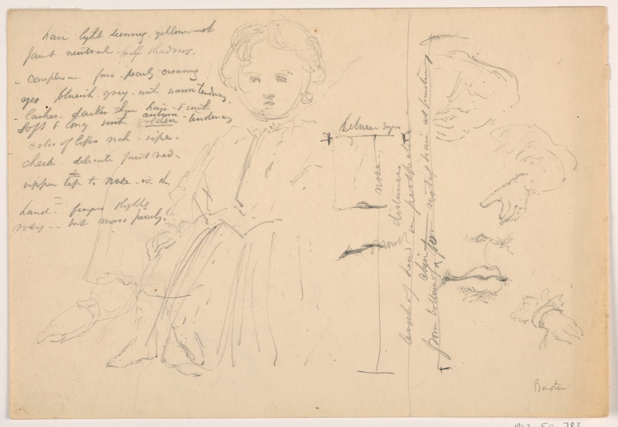 Desenho, A criança Hugh Baxter de pé, estudos da mão e dos lábios, 1865 de Daniel Huntington