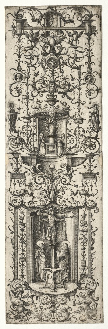 Filete ornamental com a crucificação e a virgem e o menino. de Daniel I Hopfer