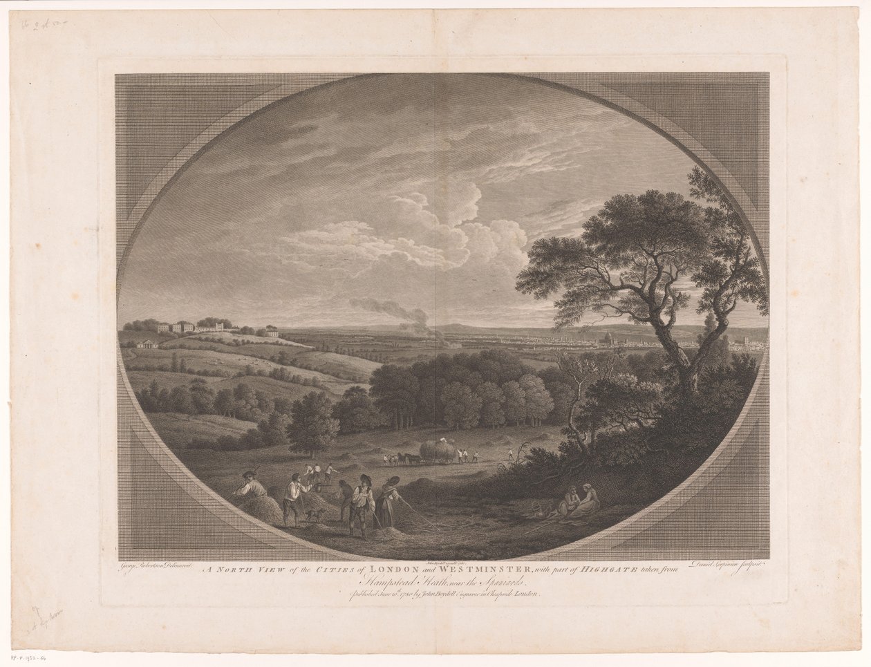 Gezicht op Londen, gezien vanaf Hamptead Heath
Uma Vista Norte das CIties de Londres e Westminster, com parte de Highgate tirada de Hampstead Heath, perto dos Espanhóis (título sobre o objecto) de Daniel Lerpinière