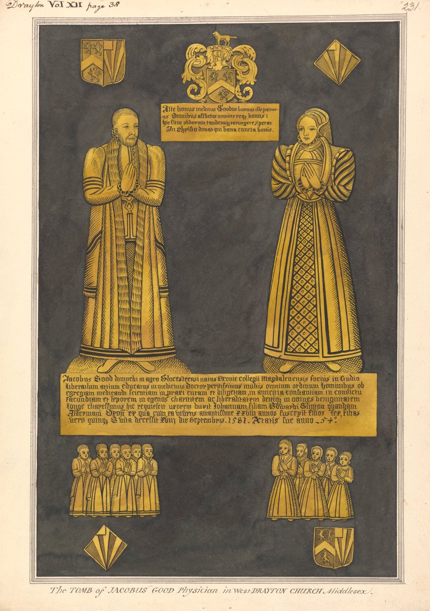 Placa de latão para o Dr. James Goode e sua esposa Joan, Filha de Edward Clinton, West Drayton Church de Daniel Lysons