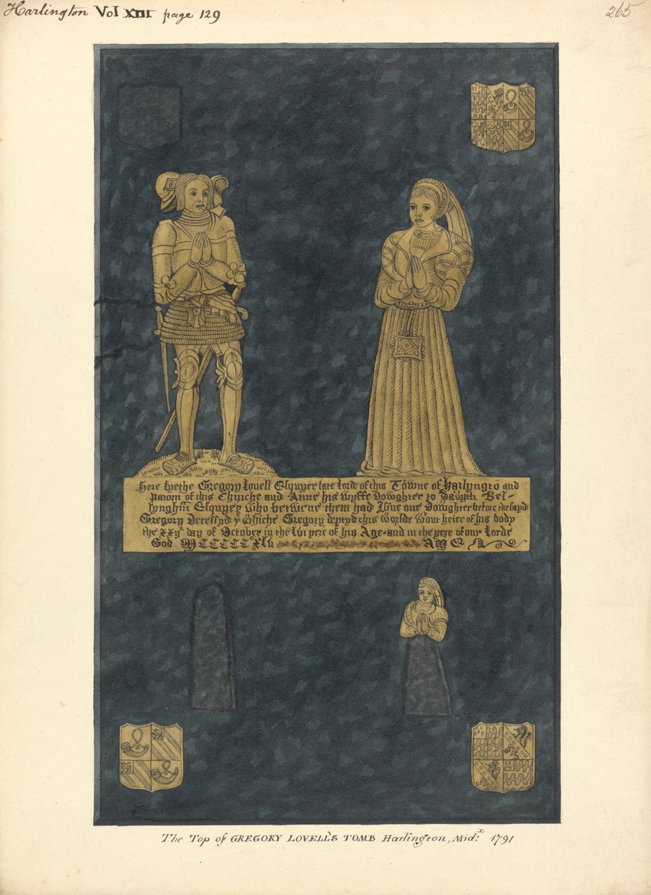Placa de latão para Gregory Lovell e sua esposa Anne, Filha de David Bellingham, Igreja de Harlington de Daniel Lysons