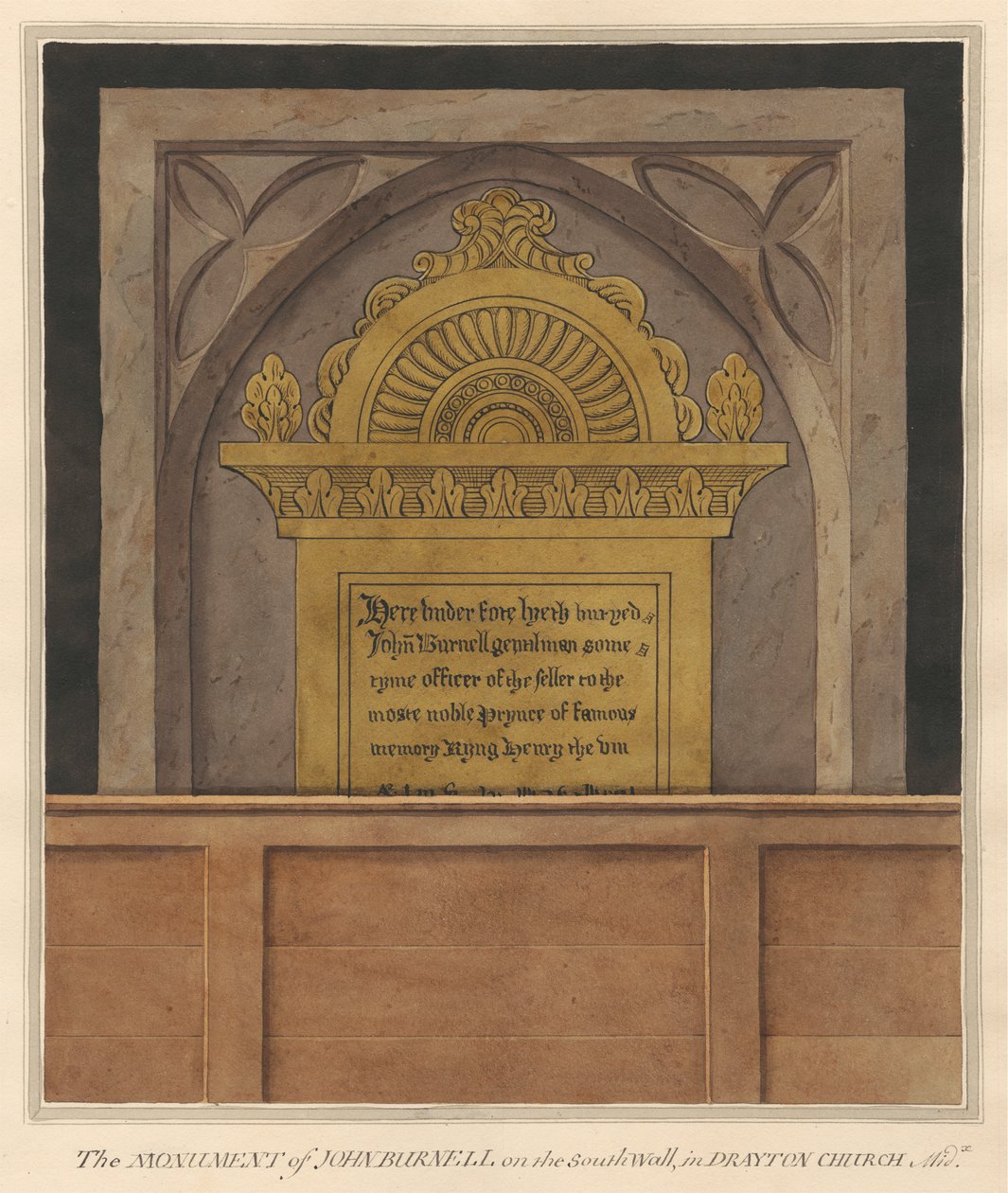 Placa de latão para John Burnell da Igreja Drayton de Daniel Lysons