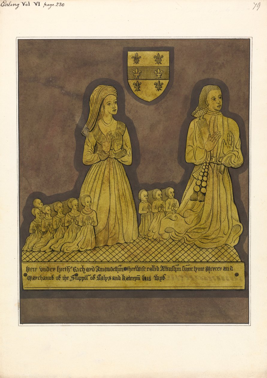 Placa de latão para Richard Amondesham e a sua esposa Katherine, Ealing Church de Daniel Lysons