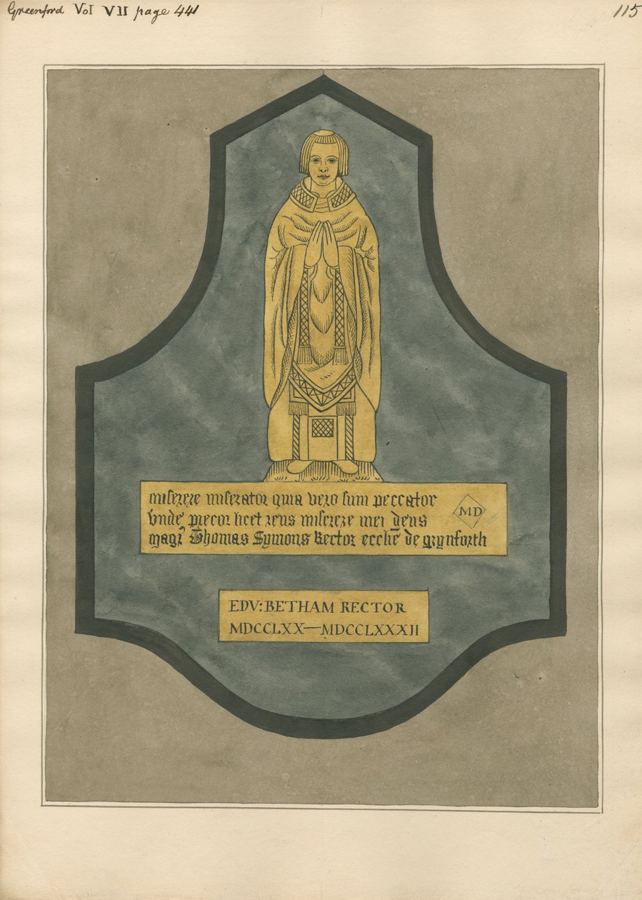 Placa de latão para Thomas Symons da Igreja de Greenford de Daniel Lysons