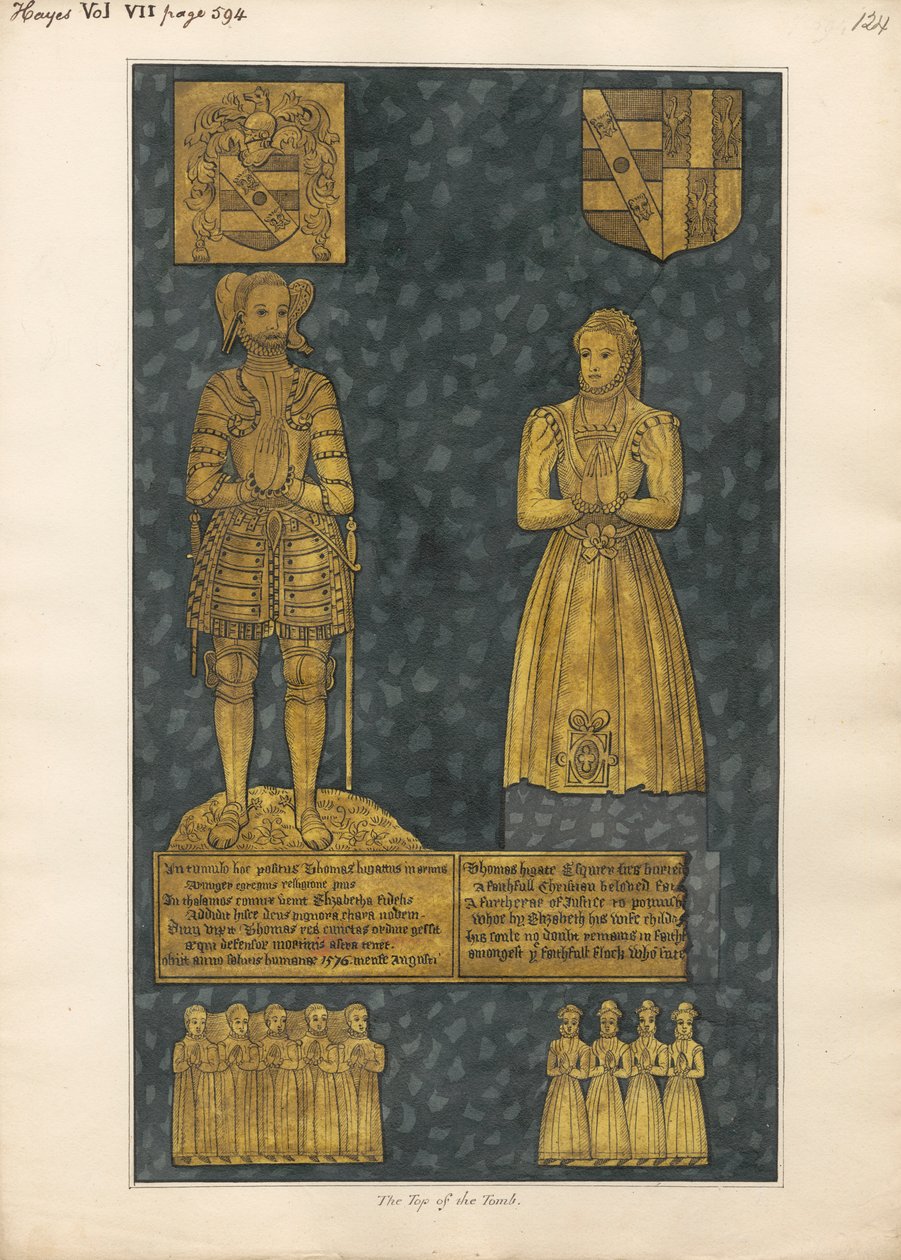 Placa de latão no topo da Tumba de Thomas e Elizabeth Higate da Igreja Hayes de Daniel Lysons
