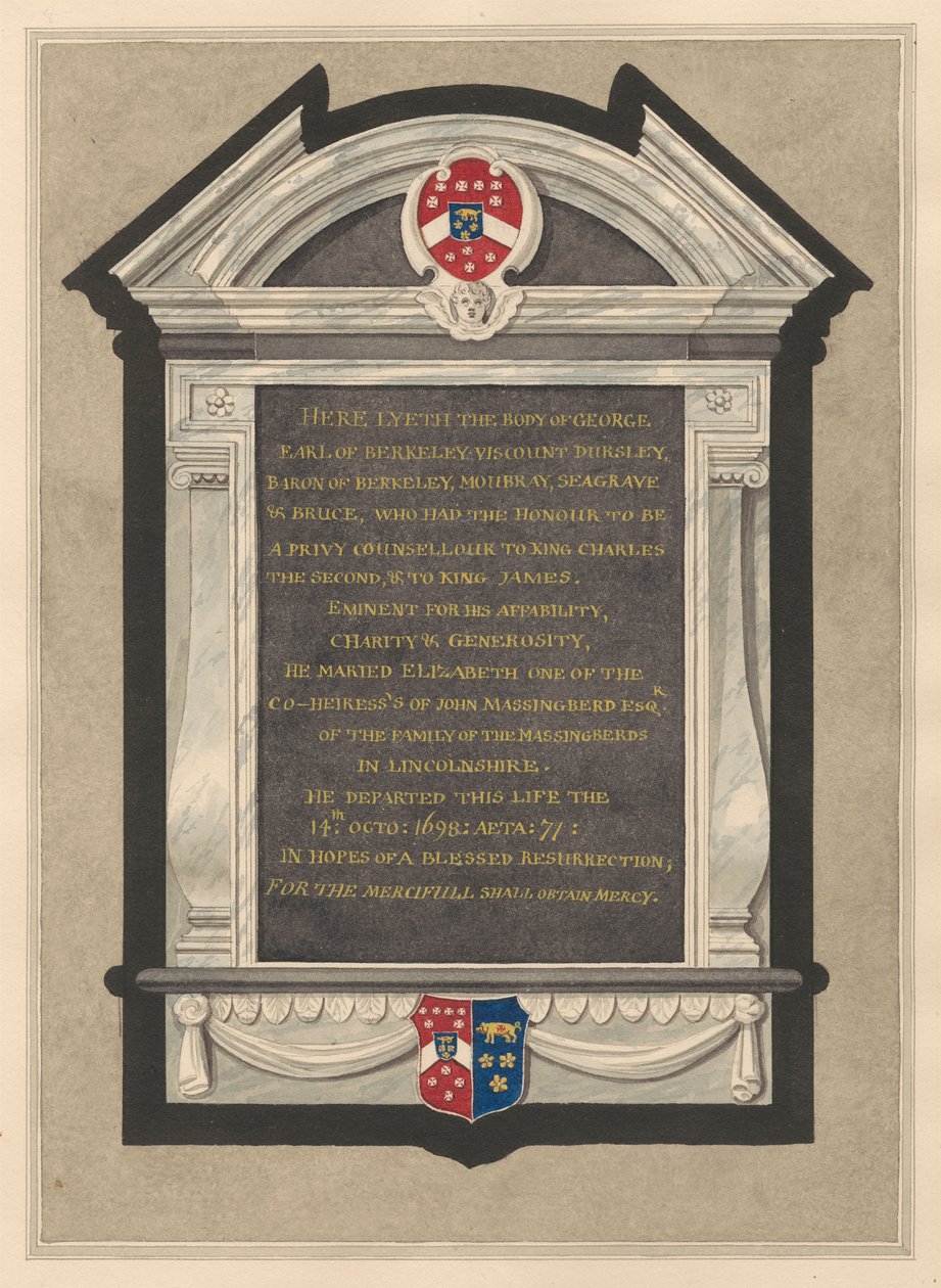 Memorial de George, Conde de Berkeley da Igreja de Cranford de Daniel Lysons
