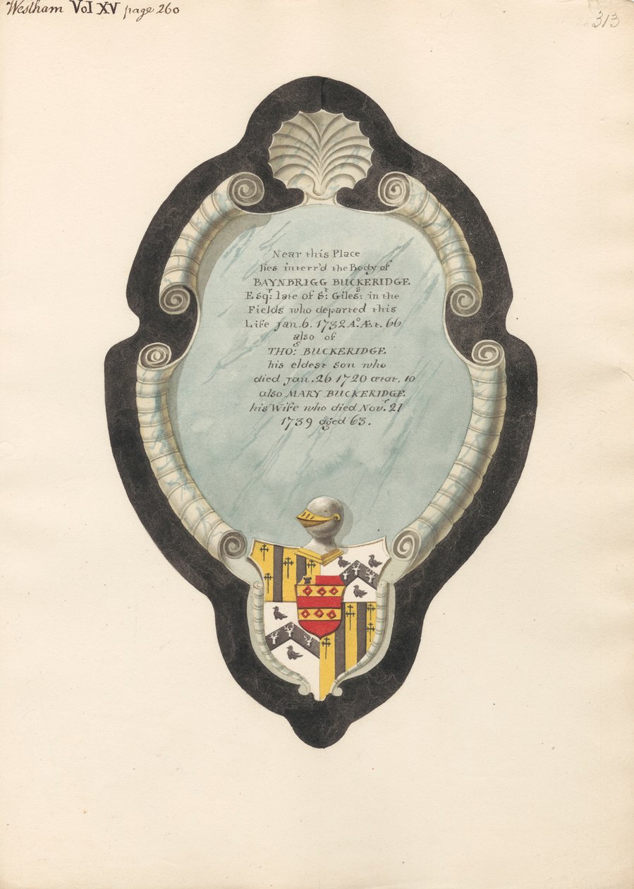 Memorial a Baybrigg Buckeridge, a sua esposa Mary, e o seu filho, Thomas da West Ham Church de Daniel Lysons