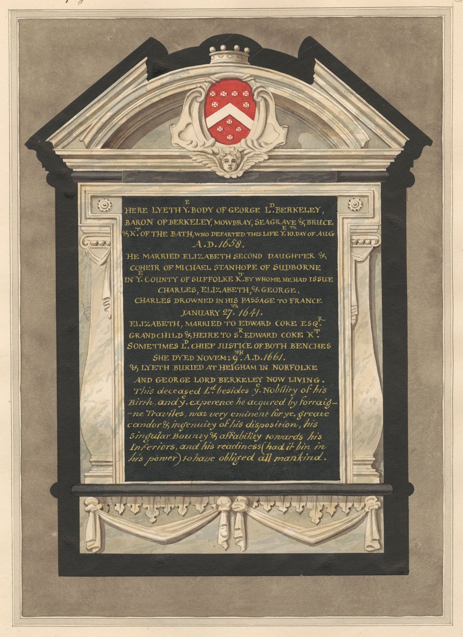 Memorial a George Lord Berkeley da Igreja de Cranford de Daniel Lysons