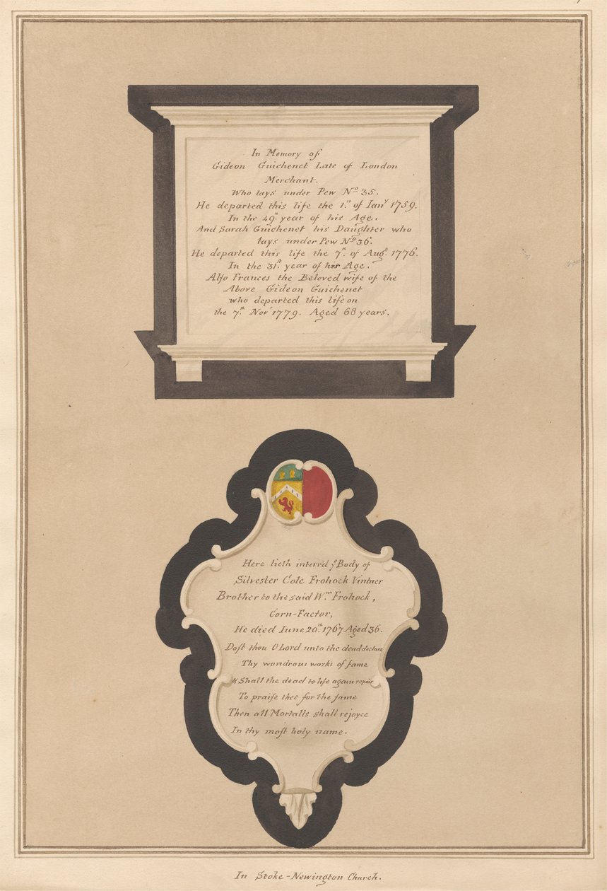 Memorial a Gideon e Frances Guichenet e à sua Filha Sarah também a Silvester Cote de Daniel Lysons